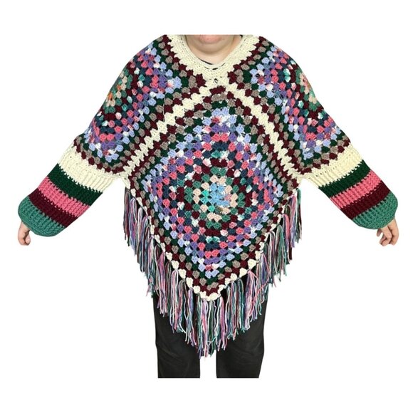 Crochet Poncho with Sleeves Granny Square Design Pattern Colorful Handmade New